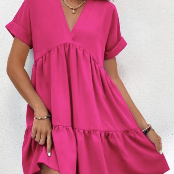 Shein Roll Cuff Ruffle Hem Solid Dress - Picture 3 of 4